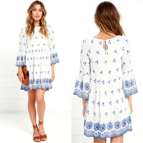 LULUS With a Whisper Blue and Ivory Embroidered Dress 3/4 Sleeve Boho Chic XS - Picture 3 of 16